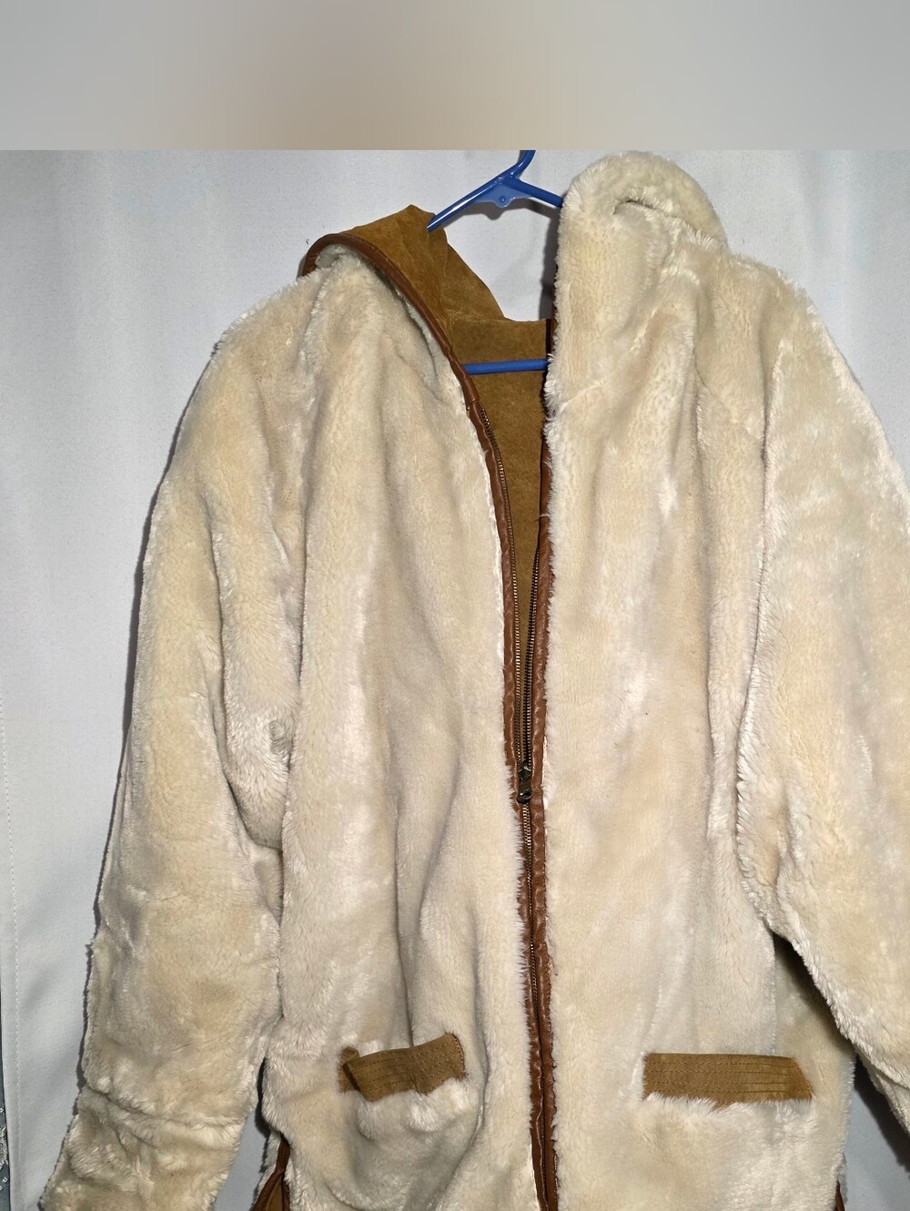 Vtg Leather & Faux Shearling Mid Length Oversized Reversible Hooded Coat Sz S - Picture 7 of 8
